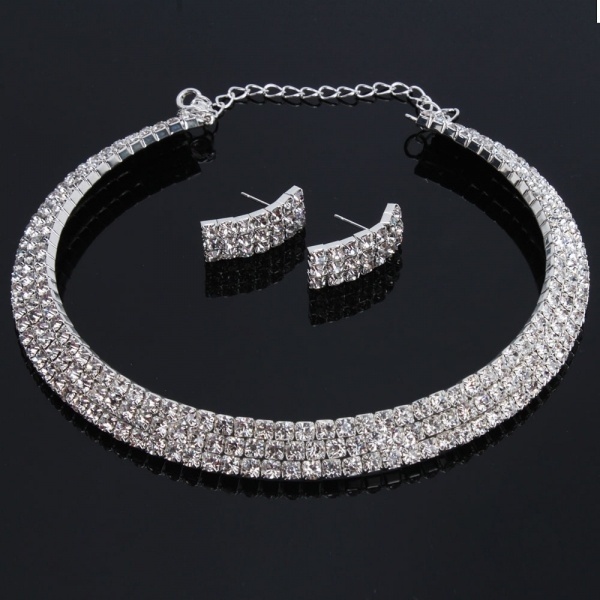 Women Fashion Jewelry Three Triple Rows Rhinestone Bling Bling Silver Necklace Choker Earring Set for Wedding Bridals