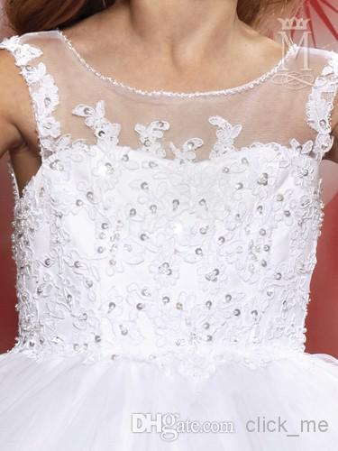2017 New Fashion Scalloped See Through Girls Pageant Dress Ball Gown Princess Tulle Lace Sequines White Children Pure Flower Girl Dresses