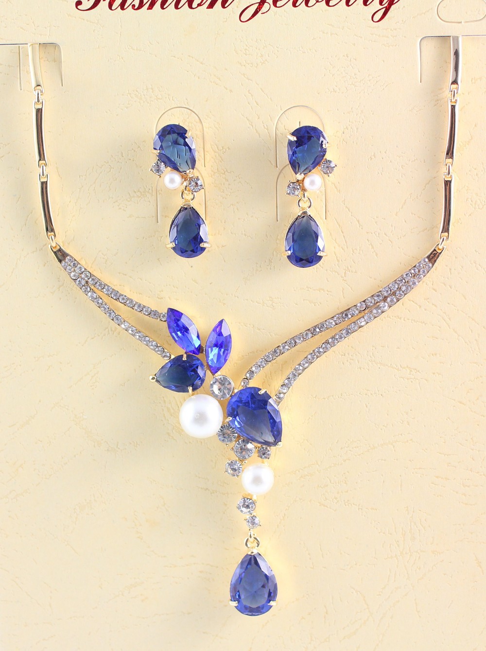 Fashion White Pearl Ruby/Black/Sapphire Garnet Gold Plated Crystal Necklace Earrings Wedding Party Jewelry Set