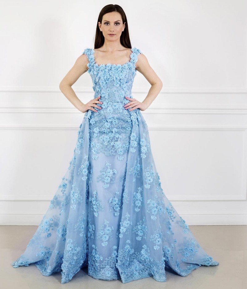 Square Neck Luxury Prom Dresses With Detachable Train Full 3D Floral Applique Beads Evening Gown Swwep Train Plus Size Formal Gown Party