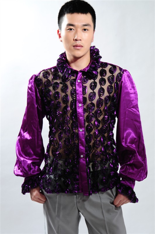 Wholesale-Free shipping fan collar prince stage sequins decoration mens tuxedo shirts party/wedding shirts latin dance performance shirts