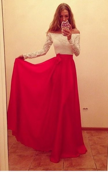 White and Red Off The Shoulder Prom Dress Long Sleeve Floor Length Sexy Lace Chiffon Evening Gowns Party Dress With Sleeves