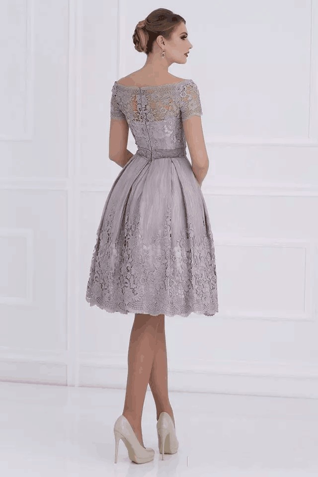 sophisticated mother of bride dresses knee length elegant lace bateau short sleeve design