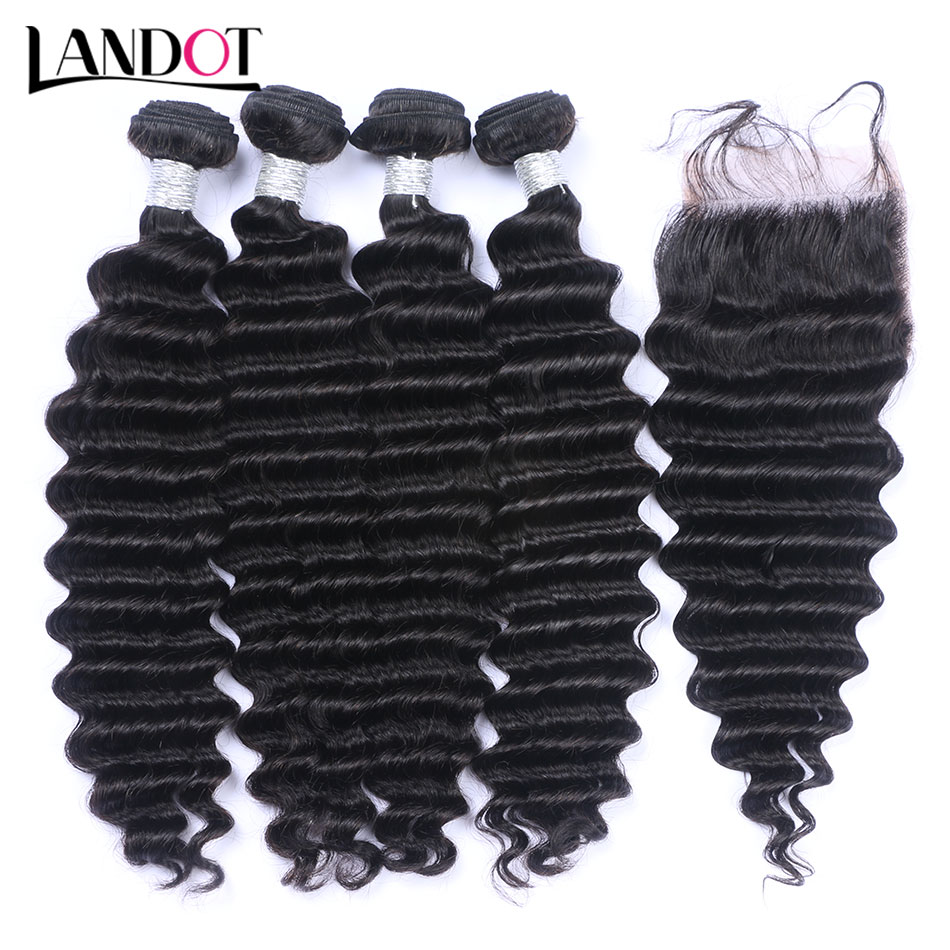 Brazilian Deep Wave Virgin Hair 4 Bundles with Lace Closures Peruvian Malaysian Indian Cambodian Deep Curly Human Hair Weaves Natural Black