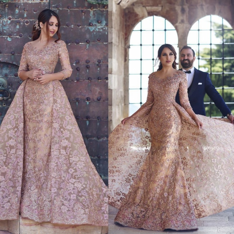 2018 Sexy 3/4 Long Sleeve Prom Dresses With Detachable Train Full Applique Beads Luxury Arab Evening Dress Long Formal Dress
