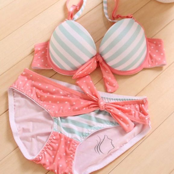 Wholesale-New 2015 Japanese Navy style sweet corset adjustable stripe bikini lingerie bra set with panties blue/pink underwear women sets