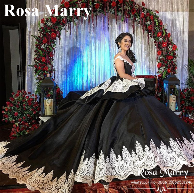 Gothic Black Sweet 16 Masquerade Quinceanera Dresses 2019 Ball Gown Off Shoulder Gold Lace Arabic Vestidos 15 Anos Girl Birthday Prom Gowns