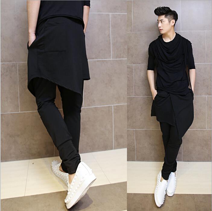 Wholesale-Korean Hip Hop Fashion Dance Pants For Men Black Drop Crotch Skirt Skinny Harem Pants Trousers Nightclub Performance AY953