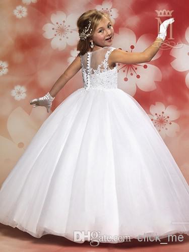 2017 New Fashion Scalloped See Through Girls Pageant Dress Ball Gown Princess Tulle Lace Sequines White Children Pure Flower Girl Dresses