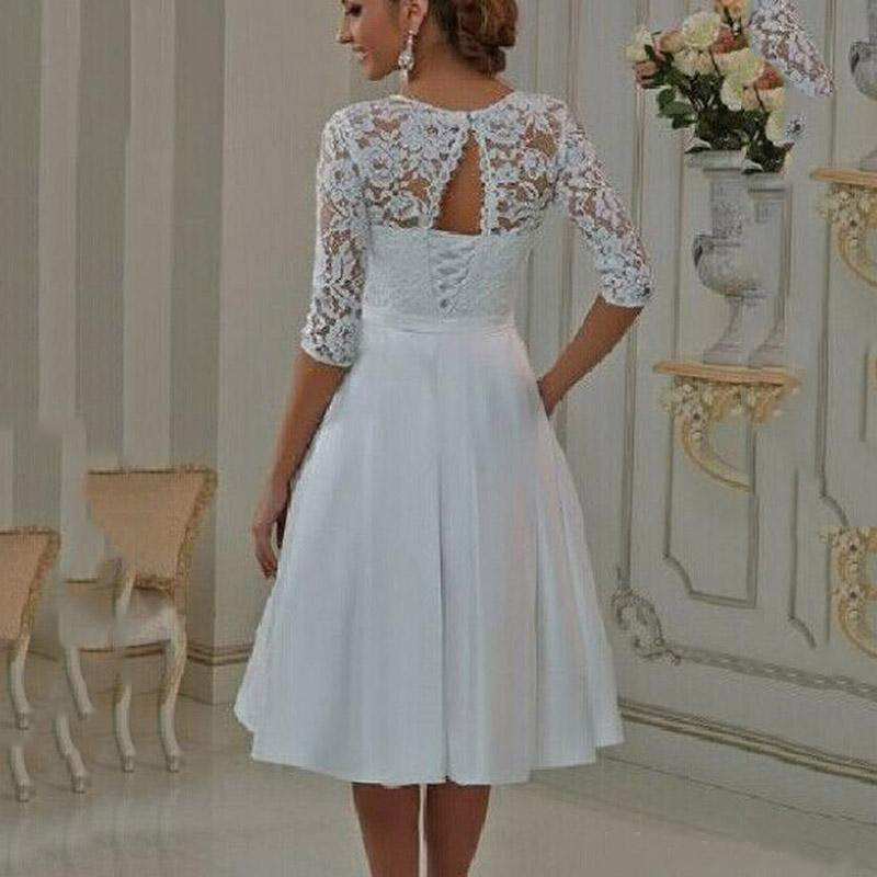 Modest Vintage Lace Wedding Dresses A Line Sheer Neck Lace Up Short Wedding Bridal Gowns With Pocket Half Sleeves plus size wedding dresses