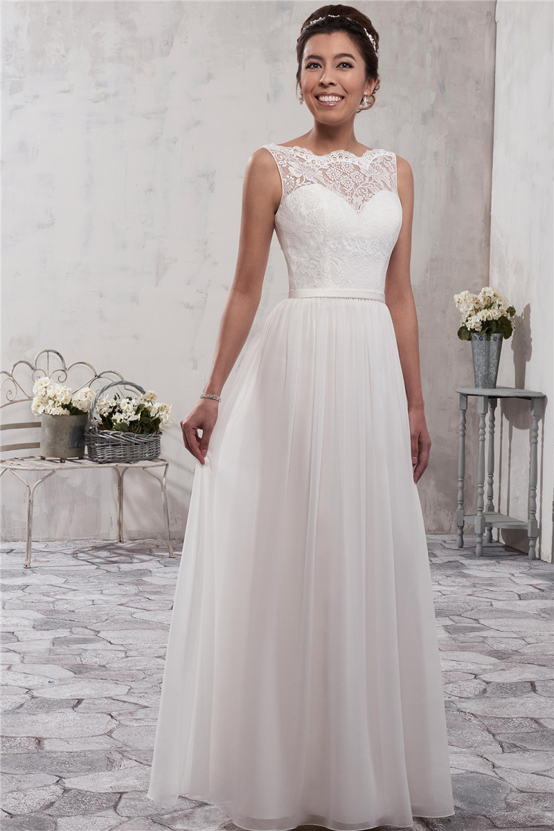 A-line wedding gown features lace top, chiffon skirt Elegant Lace Bridal Gowns Wedding Dresses Floor Length Ivory,White Custom Made