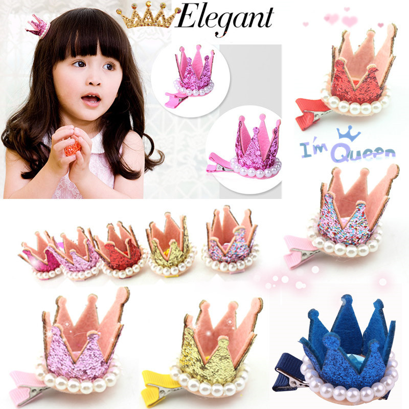 New Kids Girls Xmas Dacing Party Hair Clips Crown Pearl Princess Barrette Ribbon