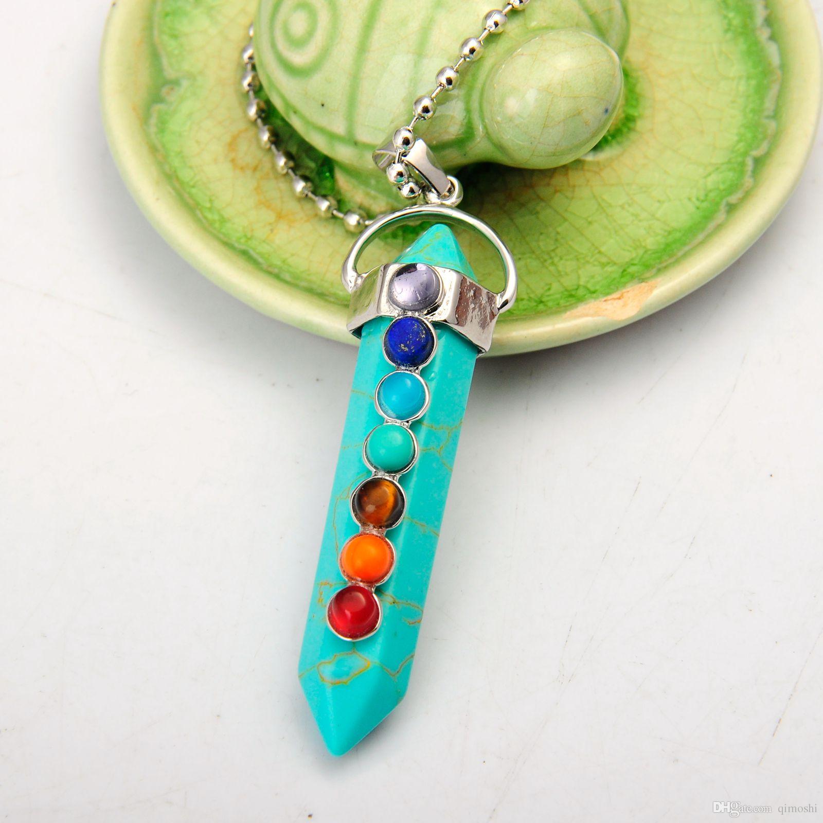 joyagift Natural Turquoise Gemstone Hexahedron Pendulum Pendants with 7 Chakra Crystal Gemstone for Women Jewelry Gift