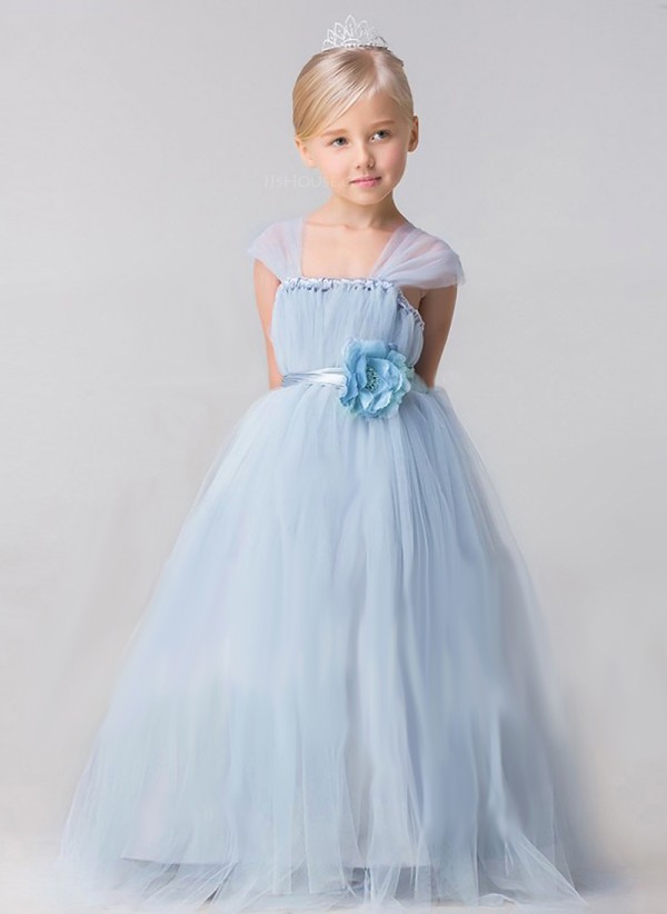 Light Blue Flower Girl Dresses With Hand Made Flower Cap Sleeve Floor Length Girls Pageant Dress Princess Cheap Gown