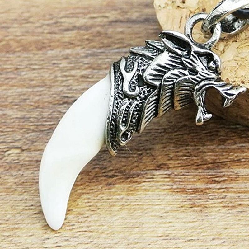 Men Antique Silver Tribal Stark Wolf Fang Tooth Pendant Necklace, Vintage Wolf Tooth Dragon Alloy Pendant Necklace ZMPJ180#C4