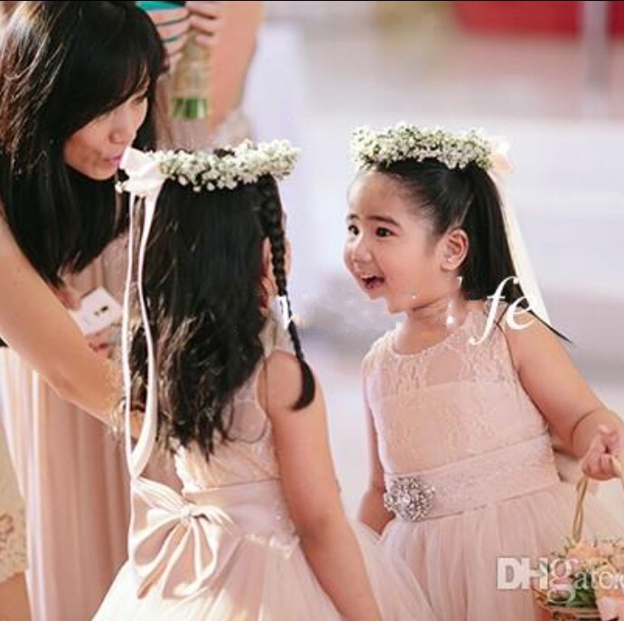 2015 Cute Blush Pink Flower Girl Dresses for Weddings Long Tulle Crystals Sash Jewel Floor Length Girls Pageant Dress Kids Birthday Dresses