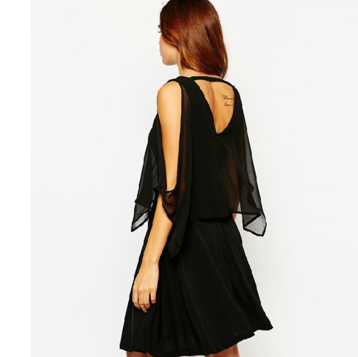 2015 Summer Style New Sweet Strapless Sleeve Back Triangular Hollow Out Women Dress Black V-neck Chiffon Party Dresses Plus Size FG1511