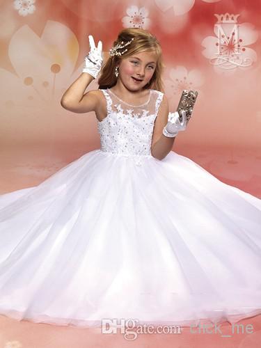 2017 New Fashion Scalloped See Through Girls Pageant Dress Ball Gown Princess Tulle Lace Sequines White Children Pure Flower Girl Dresses