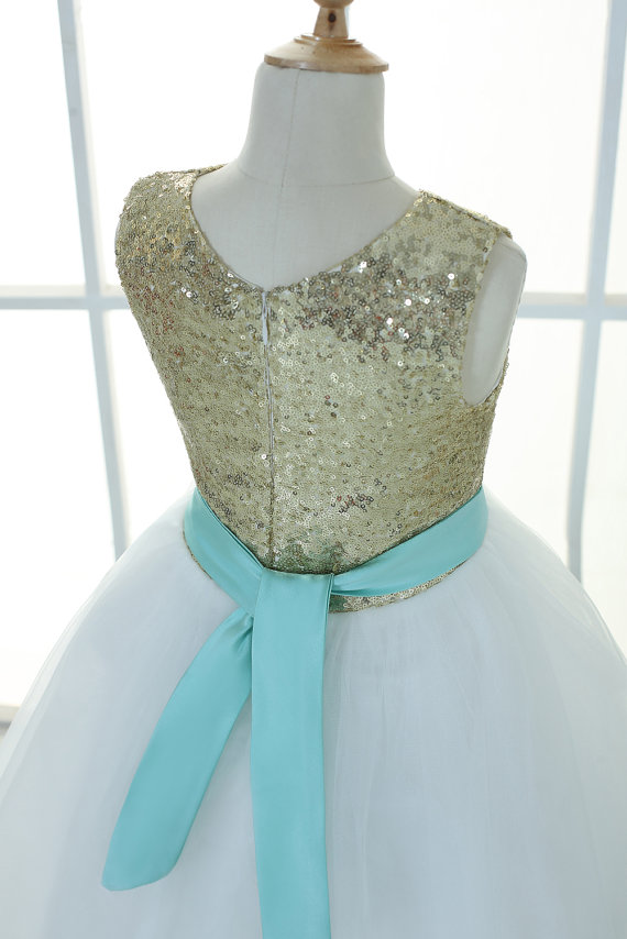 Gold sequins ivory tulle flower girl dress tutu princess kids children junior bridesmaid dress with mint sash detachable for wedding