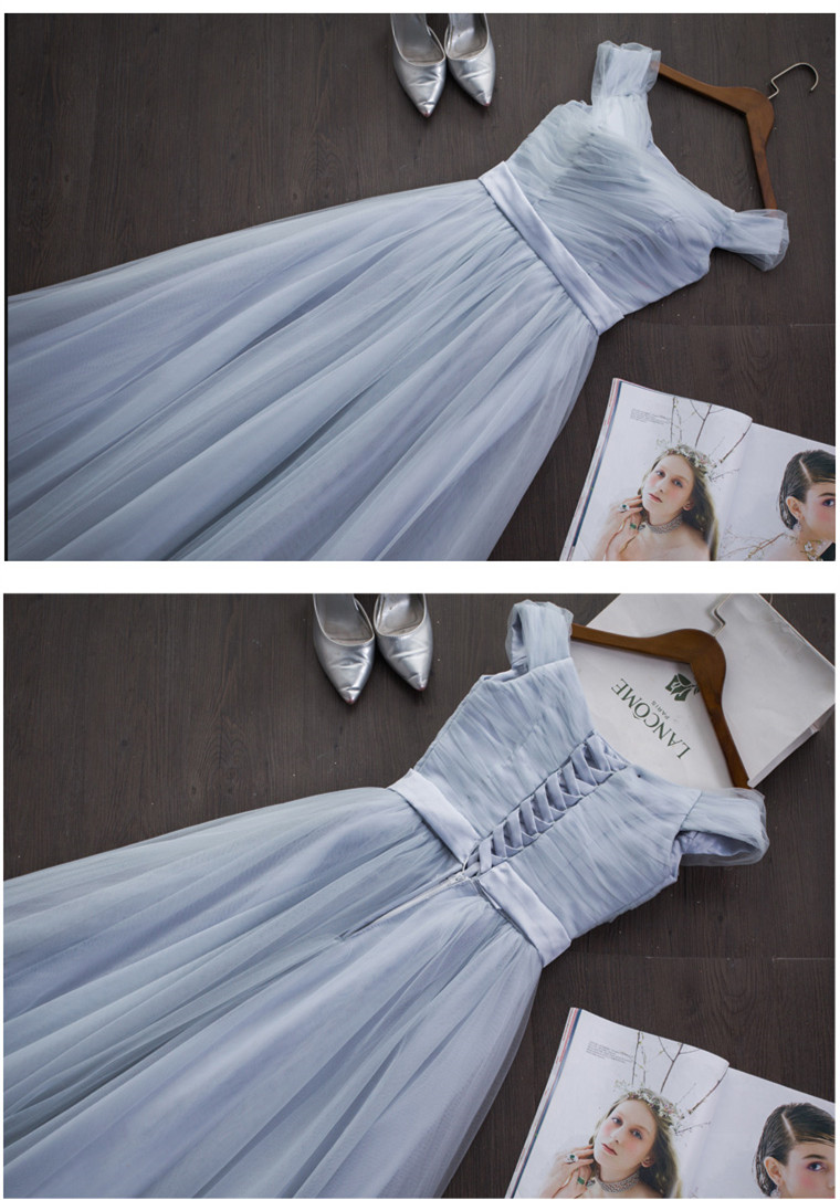 Smoky Gray Bridesmaid Dresses Off Shoulder Lace-up Back Pleats Tulle Wedding Party Dresses Burgundy,Royal Blue,Lavender evening gowns Cheap