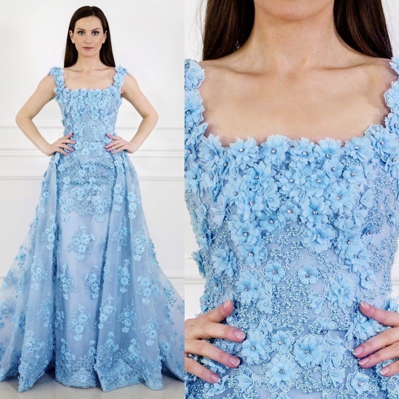 Square Neck Luxury Prom Dresses With Detachable Train Full 3D Floral Applique Beads Evening Gown Swwep Train Plus Size Formal Gown Party