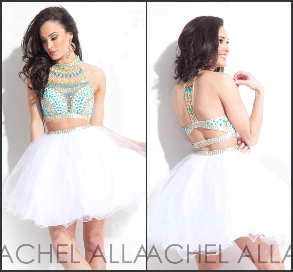 New Arrivals 2016 Hot Sale Two Pieces Homecoming High Neck Beads Rhie Open Back Tulle Mini Short Prom Party Dresses BO8875