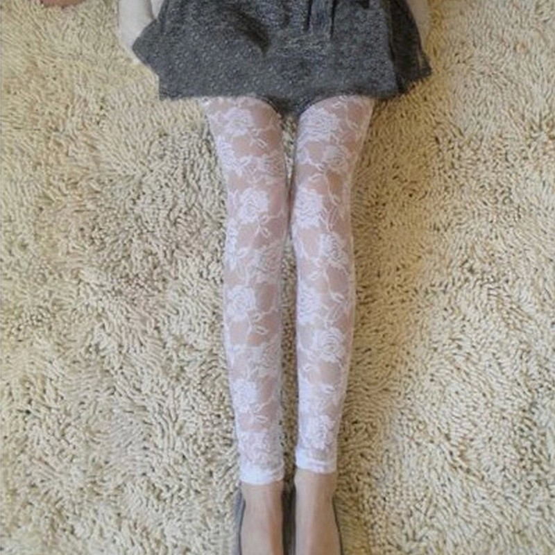 Wholesale-Black White Rose Lace Through Leggings Pants Footless Sexy For Women Lady