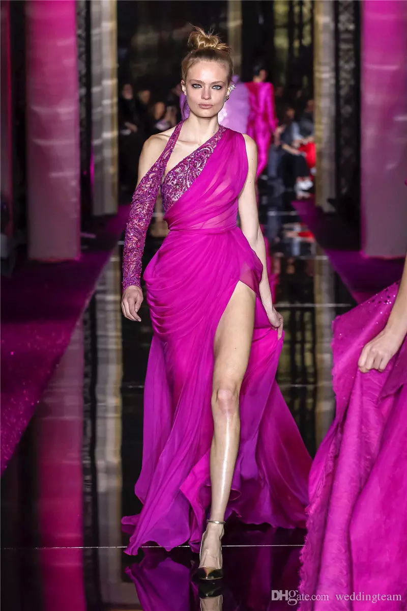 Zuhair Murad 2020 Sexy Evening Dresses One Shoulder Chiffon Thigh Split Formal Party Gown Beading Sequined Long Prom Dress