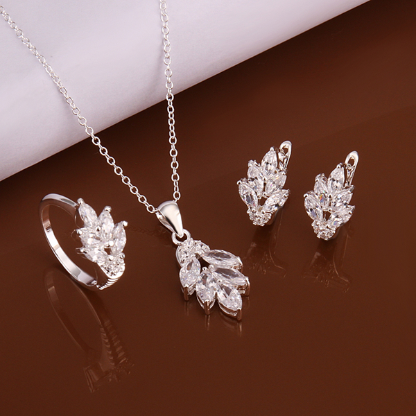 High grade 925 sterling silver Zircon piece leaves jewelry sets DFMSS619 brand new Factory direct sale wedding 925 silver necklace earring