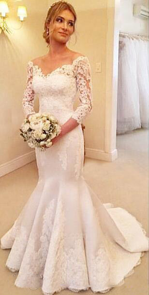Lace Long Sleeves Wedding Dress Sexy Off The Shoulder Bridal Gowns Back Covered Buttons Sweep Train Wedding Dresses