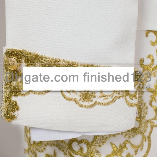 New Arrival Groom Tuxedos White With Gold Embroidery Men's Suit Groomsmen Mens Wedding Suits Prom Suits (Jacket+Pants+Vest) G1070