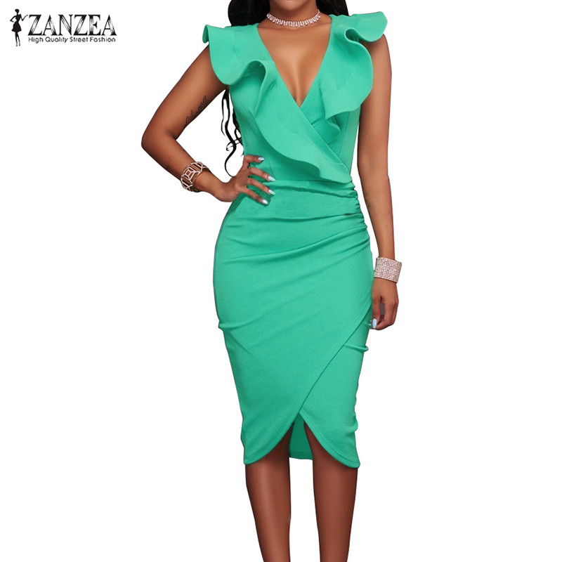 Wholesale- ZANZEA 2017 Women Summer Dress Sexy Sleeveless V Neck Pencil Party Dresses Ladies Ruffles Bodycon Slim Midi Club Vestidos, Green 
Wholesale- ZANZEA 2017 Women Summer Dress Sexy Sleeveless V Neck Pencil Party Dresses Ladies Ruffles Bodycon Slim Midi Club Vestidos, Green