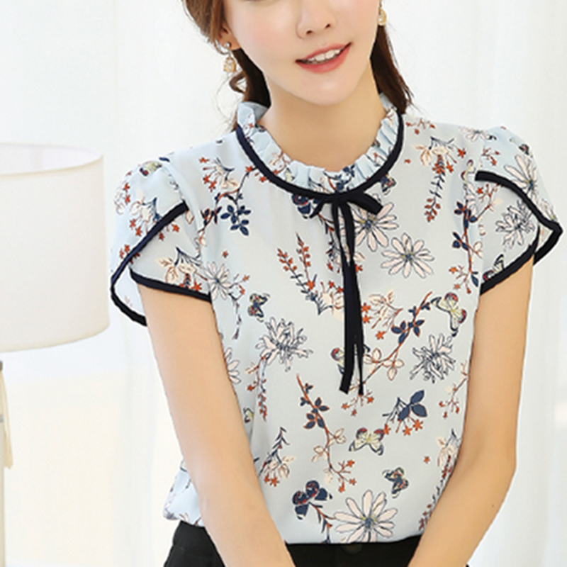 Wholesale- 2017 Summer Floral Print Chiffon Blouse Ruffled Collar Bow Neck Shirt Petal Short Sleeve Chiffon Tops Plus Size Blusas Femininas