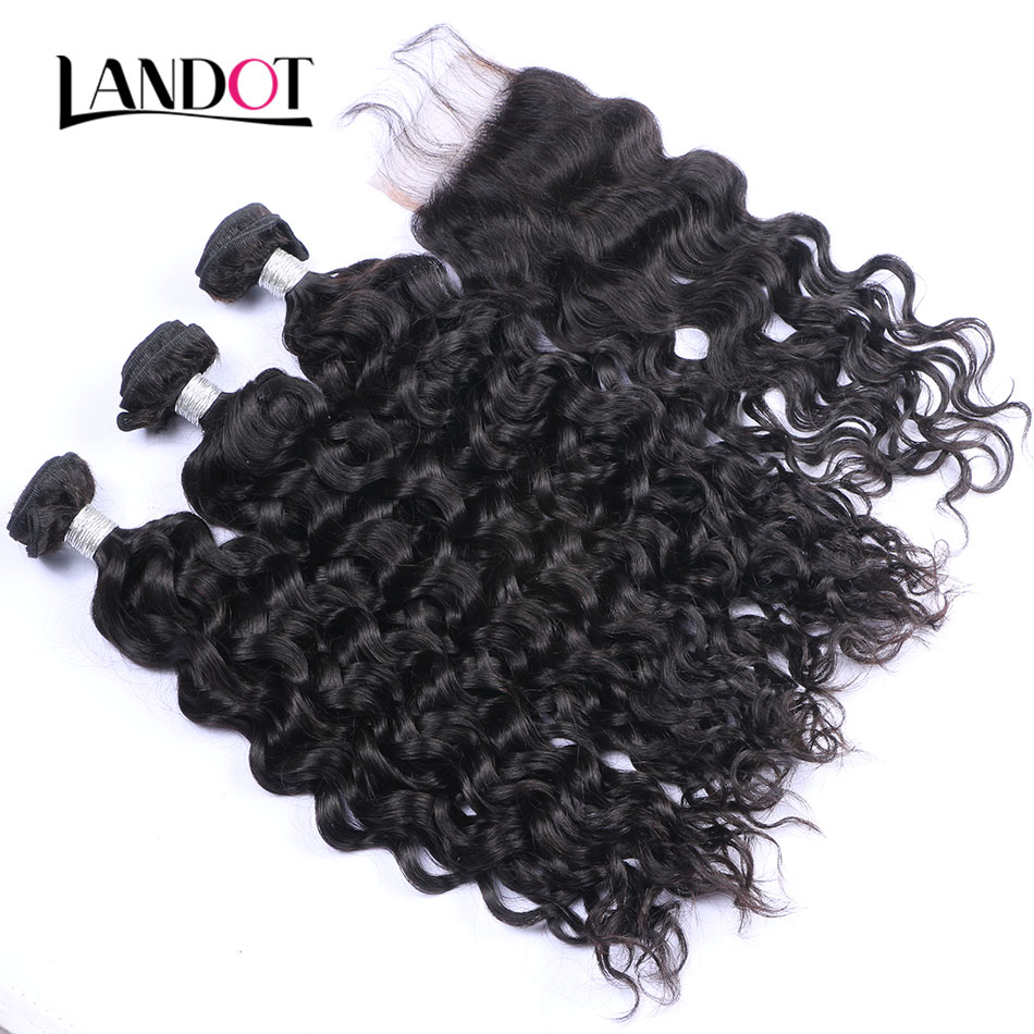 Peruvian Malaysian Indian Brazilian Virgin Hair 3 Bundles with Lace Closure Natural Wave Wet and Wavy Water Wave Curly Mink Human Hair Weave