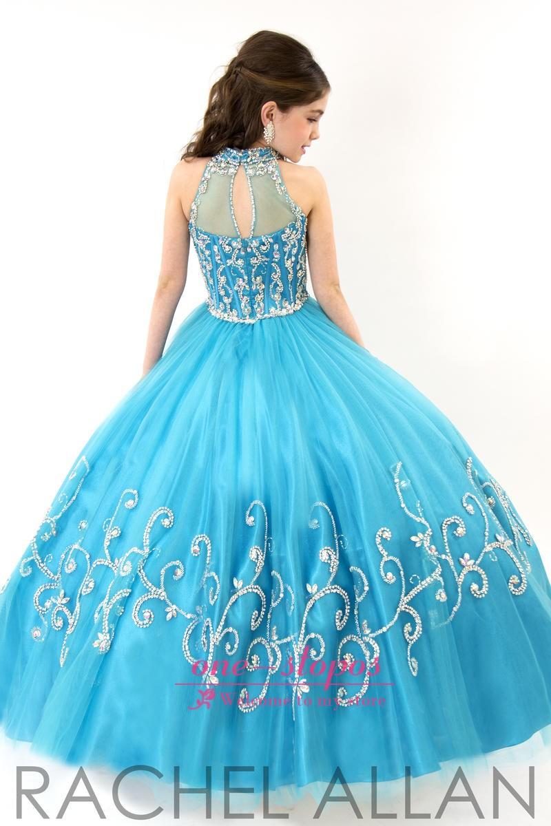 RACHEL ALLAN Girls Pageant Dresses 2016 New Sheer High Neck Tulle Blue Rhinestone Crystal Beads Glitz Ball Gown Long Flower Girls Gowns 1570
