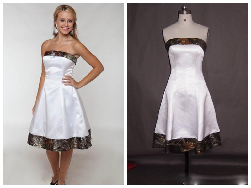 Short Camo Wedding Dresses 2016 Strapless Knee Length Cheap Bridal Gowns A Line White Satin
