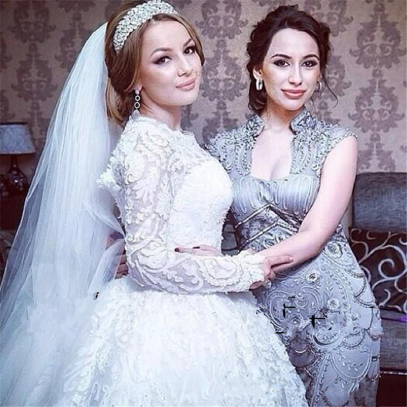 Sleeve Modest Long Saudi Arabic Wedding Dresses Open Back Jewel Neck Lace Appliqued Cathedral Train Country Bridal Gowns 0914