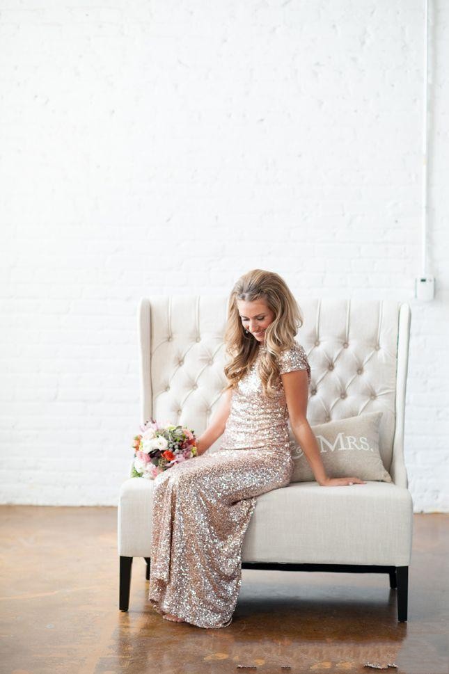 Open U Sequins Dresses Back Long Short Sleeves Sheath Champagne Gold Dress Custom Made Cheap Bridesmaid Gown Real Image 6660306