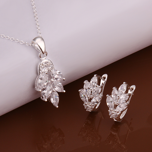 High grade 925 sterling silver Zircon piece leaves jewelry sets DFMSS619 brand new Factory direct sale wedding 925 silver necklace earring