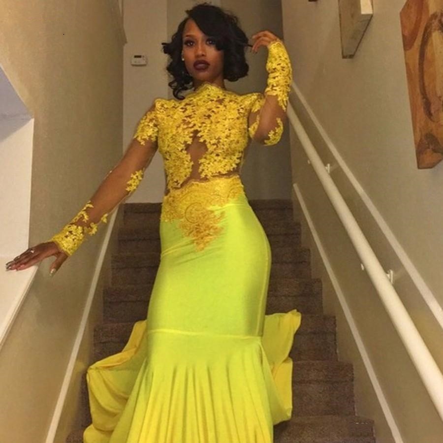 Long Sleeve African Girl Mermaid Evening Party Dresses Lace Flowers Yellow Prom Graduation Gold Pageant Gowns Illusion 0510