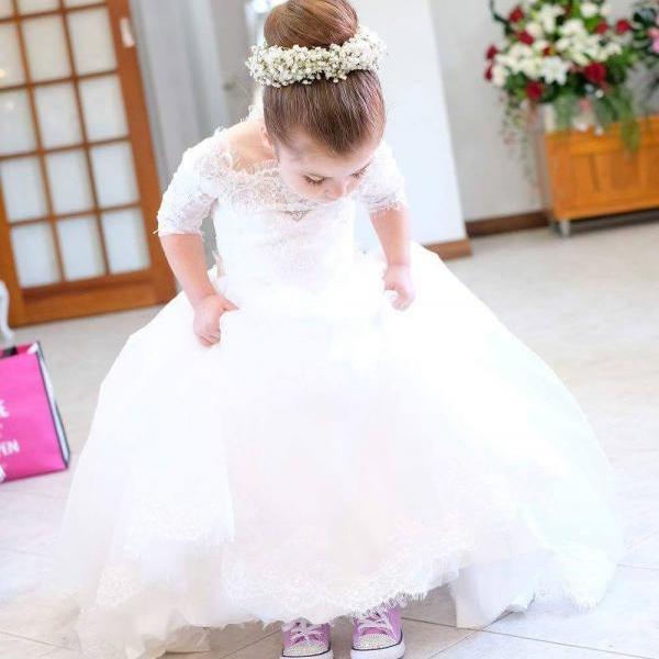 Classy Lace Flower Girl Dresses With Half Sleeves For Weddings Appliqued Little Girls Pageant Dress Tulle Sweep Train A Line Communion Gowns