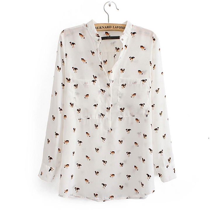Spring 2014New Fashion Dogs Chiffon Shirt/ Collarless Loose Cusual Animal Printed Long Sleeve Chiffon Blouse For Women,White