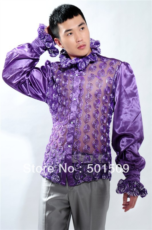 Wholesale-Free shipping fan collar prince stage sequins decoration mens tuxedo shirts party/wedding shirts latin dance performance shirts