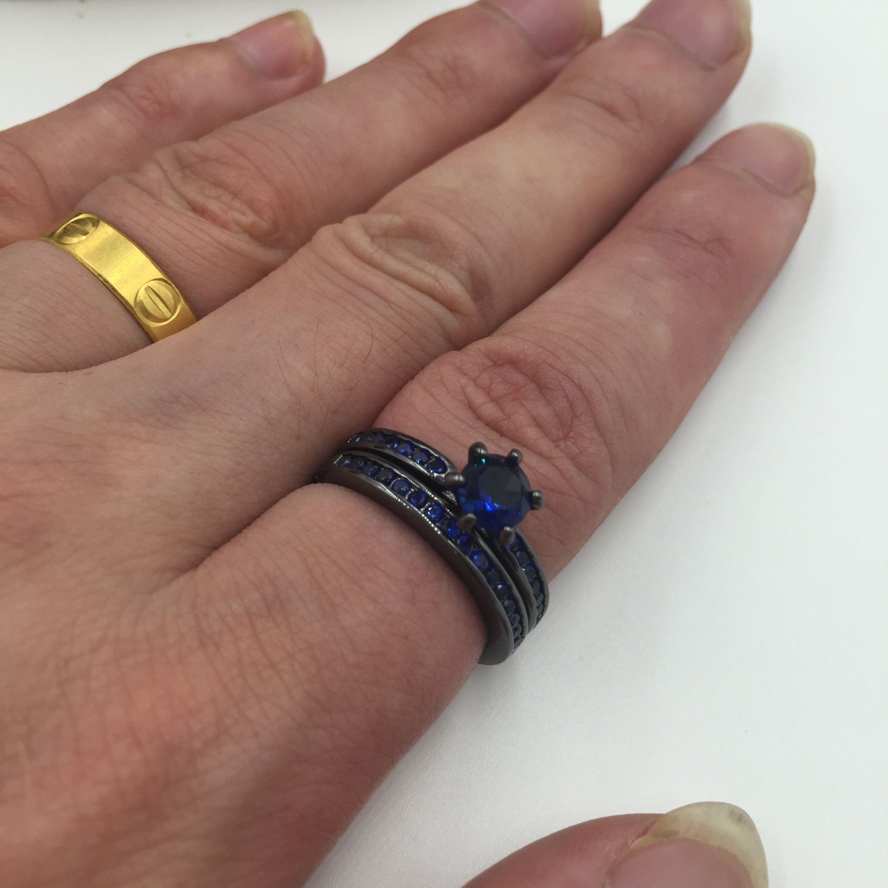 10K Black Gold Filled Blue Sapphire Gemstone Wedding Ring Set in Retro Sizes 5-10 - Gift Box Included