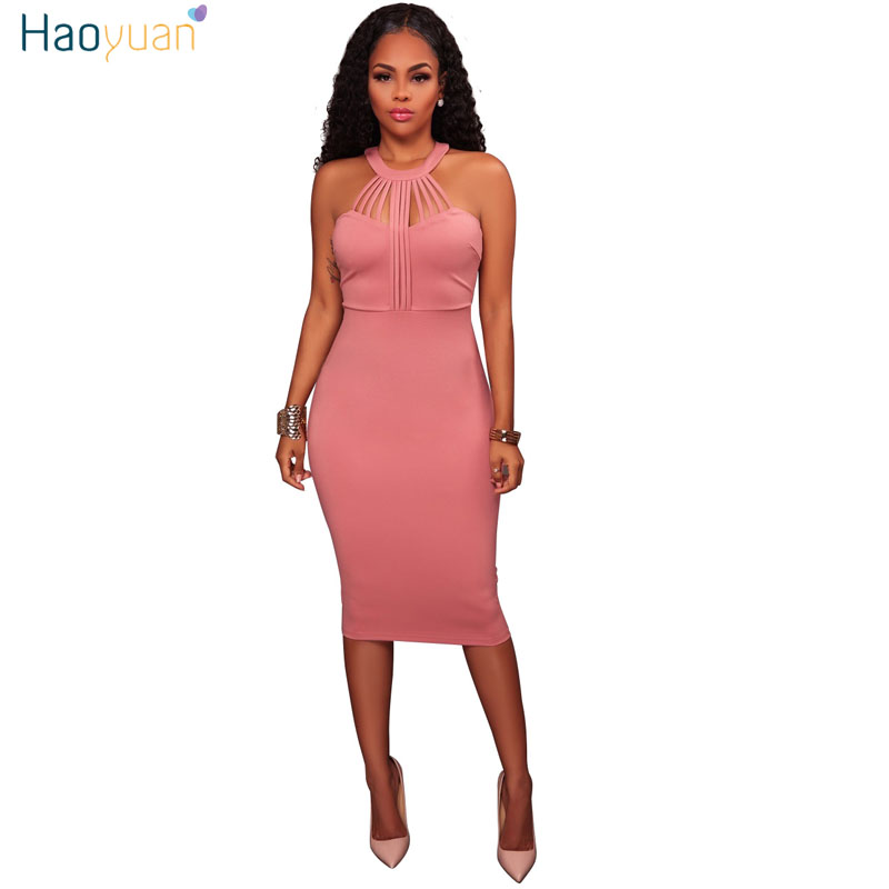 HAOYUAN Off Shoulder Bodycon Dress Sleeveless Back Zipper Robe Sexy Dress Club Vestidos Hollow Out Blue Red Pink Party Dresses q1110