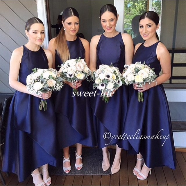 High Low Bridesmaid Dresses Navy Blue Satin Crew Neckline 2019 New Design Wedding Guest Formal Maid of Honor Dress Party Gowns Custom Made
High Low Bridesmaid Dresses Navy Blue Satin Crew Neckline 2019 New Design Wedding Guest Formal Maid of Honor Dress Party Gowns Custom Made