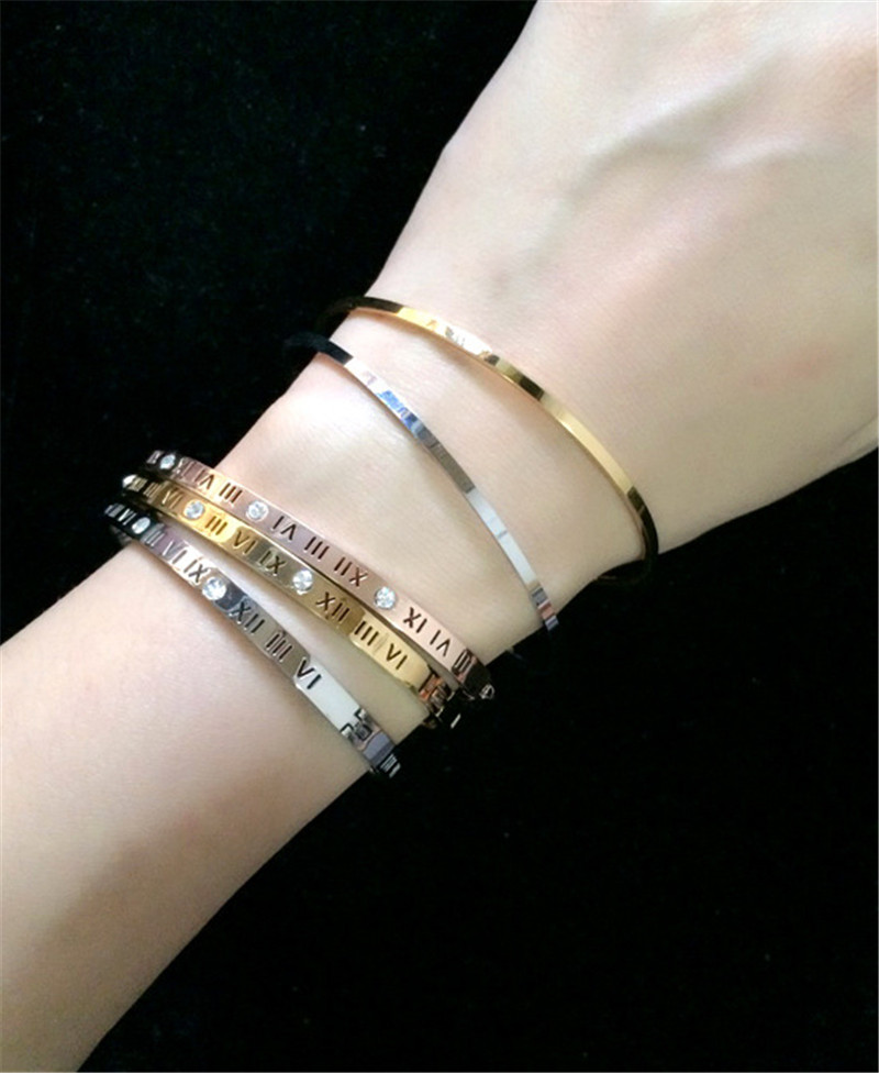 Vecalon Fashion Rome figures Lovers Anniversary Bangle Simulated diamond Cz Titanium Steel Party wedding Bracelet For women men Gift