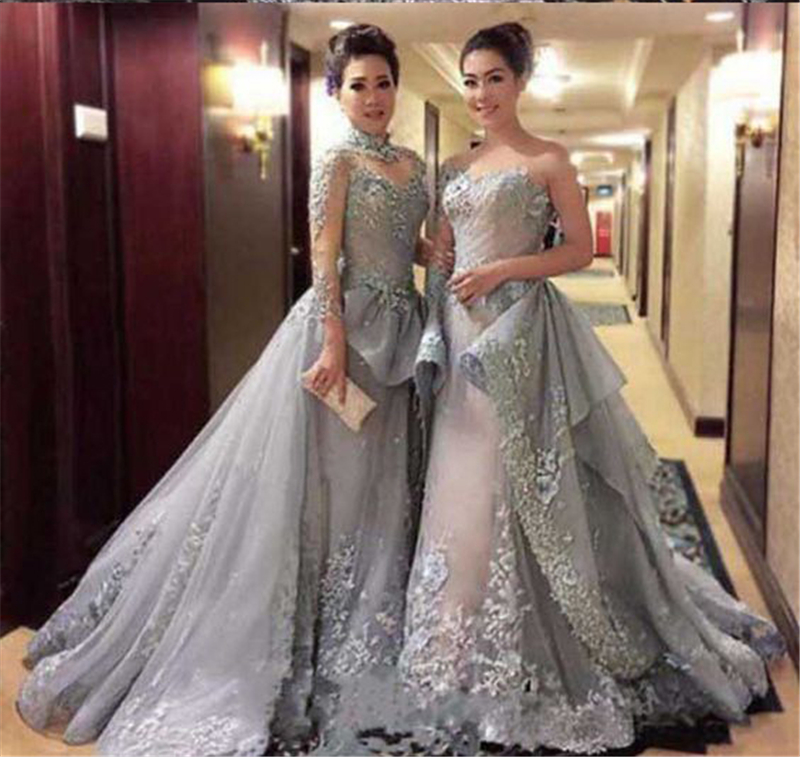 High Neck Silver/Grey Tulle Long Sleeves Applique Prom Dress with Detachable Train Two Pieces Evening Gowns Illusion Back 2 Style Choosed, Blue
High Neck Silver/Grey Tulle Long Sleeves Applique Prom Dress with Detachable Train Two Pieces Evening Gowns Illusion Back 2 Style Choosed, Blue
