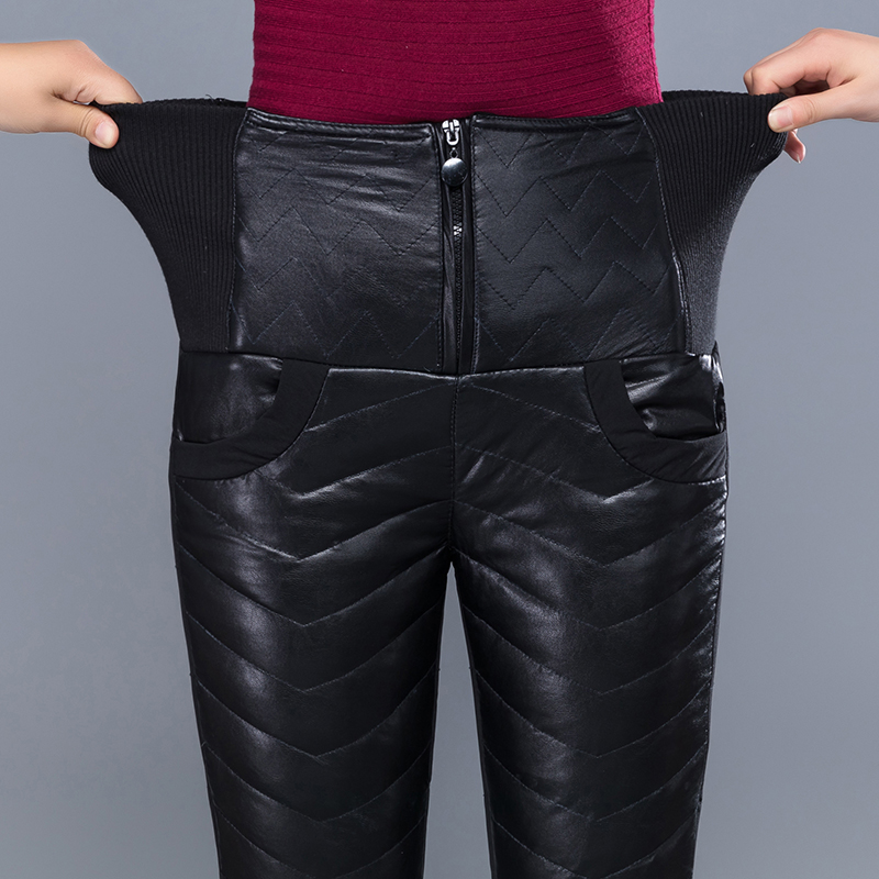 Winter Warm Leather Trousers For Women Duck Down Hight Waist Ladies Femme Pencil Stretch Pants PU Red Trouser Skinny Long Pant q171135