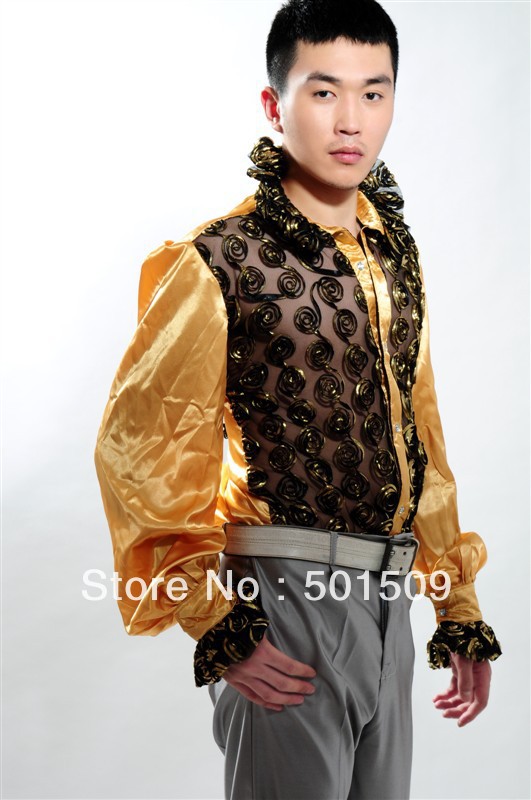 Wholesale-Free shipping fan collar prince stage sequins decoration mens tuxedo shirts party/wedding shirts latin dance performance shirts